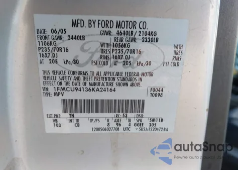 2006 Ford Escape Limited z USA, uszkodzony, nr VIN 1FMCU94136KA24164